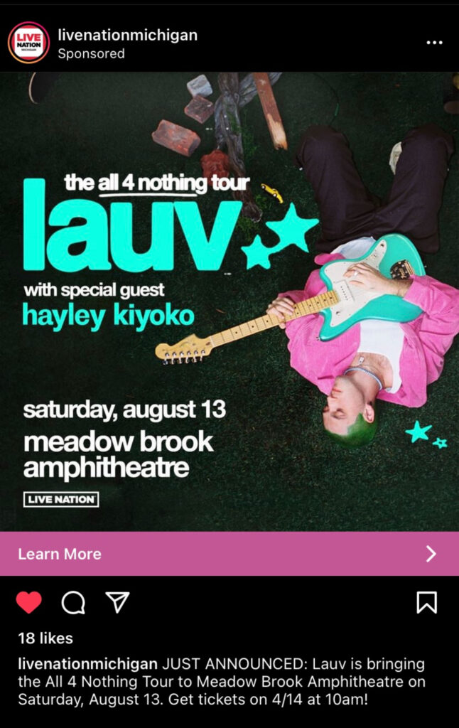 Instagram ad fromLive Nation Michigan using location targeting for a Lauv and Hayley Kiyoko concert. 